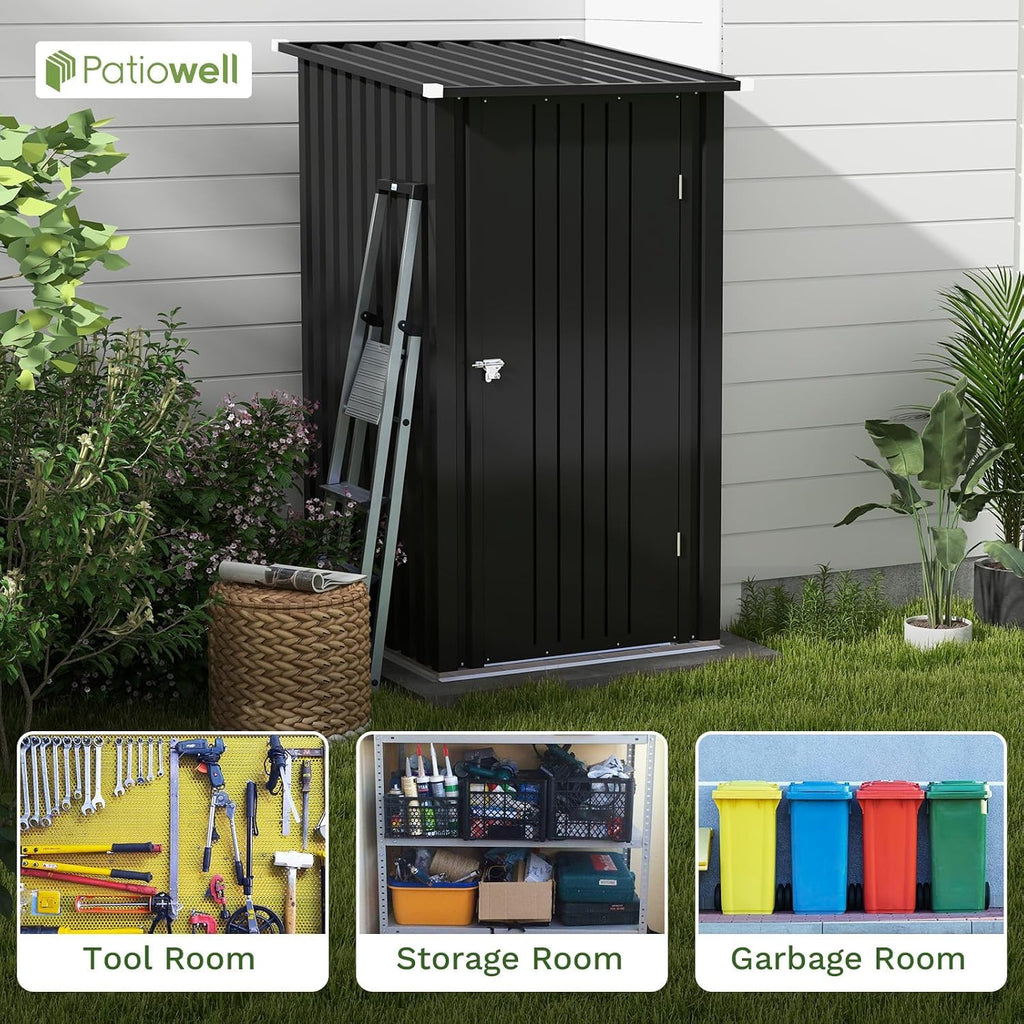 Patiolife 3 x 3 FT Metal Storage Shed, Small Patio Tool Shed with Sloping Roof & Lockable Door, Outdoor Garden Steel Shed for Backyard, Lawn, Easy-Assembly Black