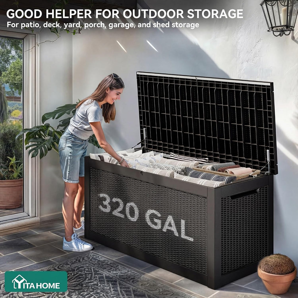 YITAHOME XXL 320 Gal Large Deck Box, Outdoor Resin Storage Box, Rattan Storage Container for Patio Furniture, Garden Tools, Waterproof, Lockable (Black)