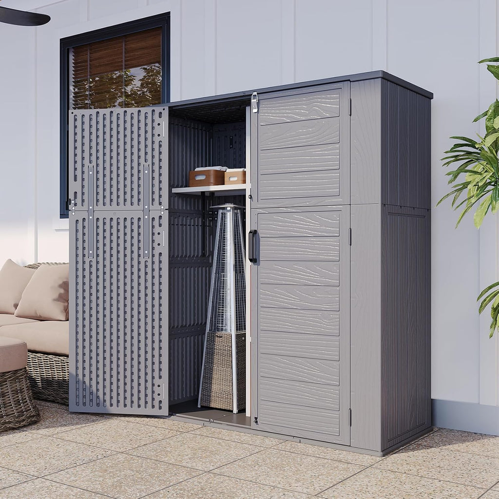 Aoxun Outdoor Storage Shed with Floor, 61 Cu.Ft Large Outdoor Storage Cabinet, Waterproof Vertical Resin Shed for Garden Tools, Pool Equipment, Dark Grey