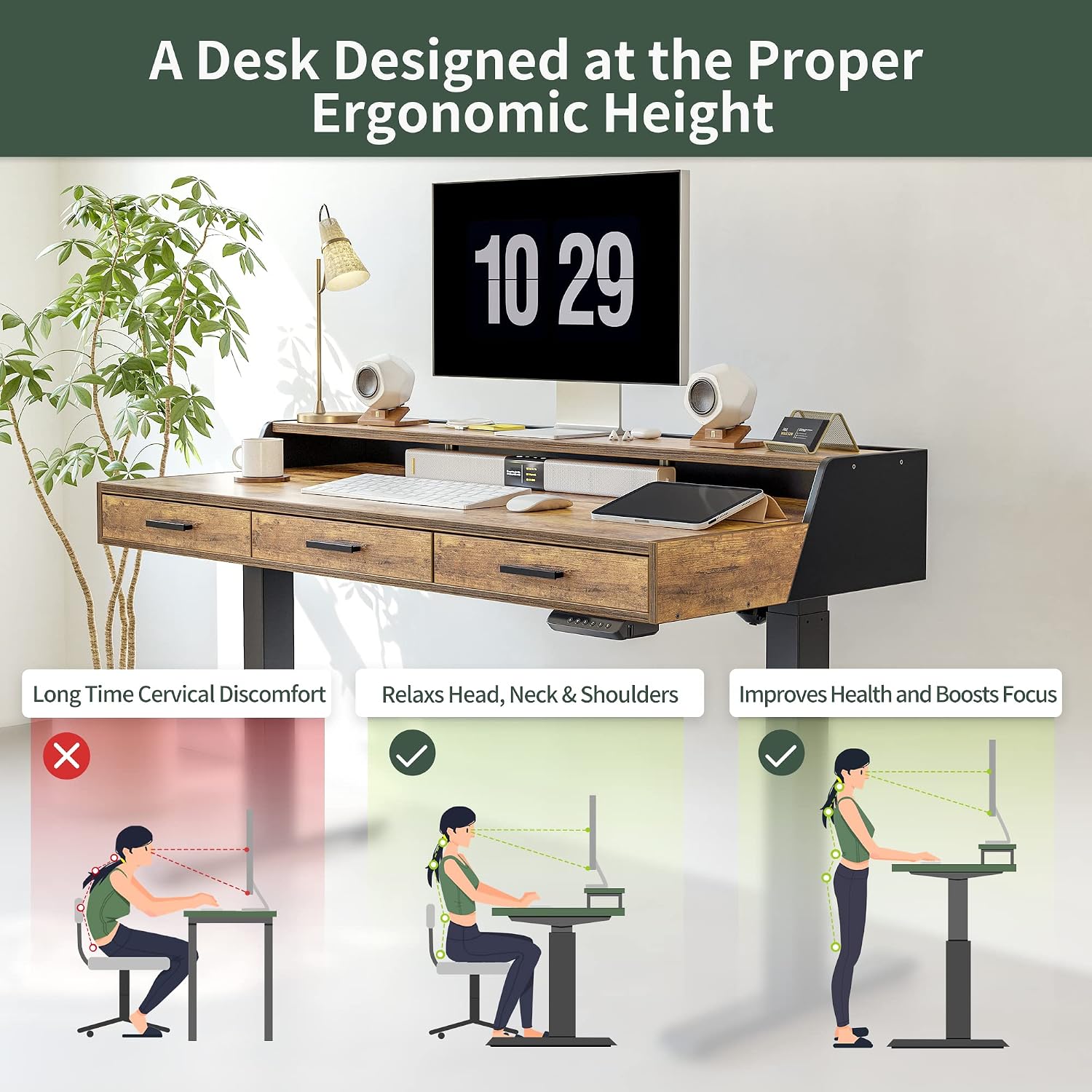 FEZIBO 48x26 Inches Standing Desk with 3 Wooden Drawers and Monitor Shelf, Height Adjustable Computer Desk, Ergonomic Rising Home Office Desks, Sit Stand Up Electric Workstation Table, Rustic Brown