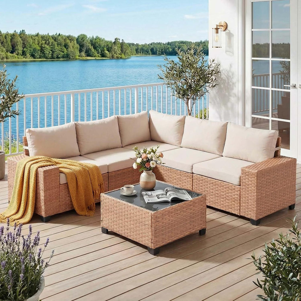 JOIVI 6-Piece Outdoor Sectional Patio Furniture Set, All-Weather Wicker Conversation Sectional with 8' Wide Armrests & 4' Cushions, Modular L-Shaped Sofa for Backyard, Garden & Porch, Beige