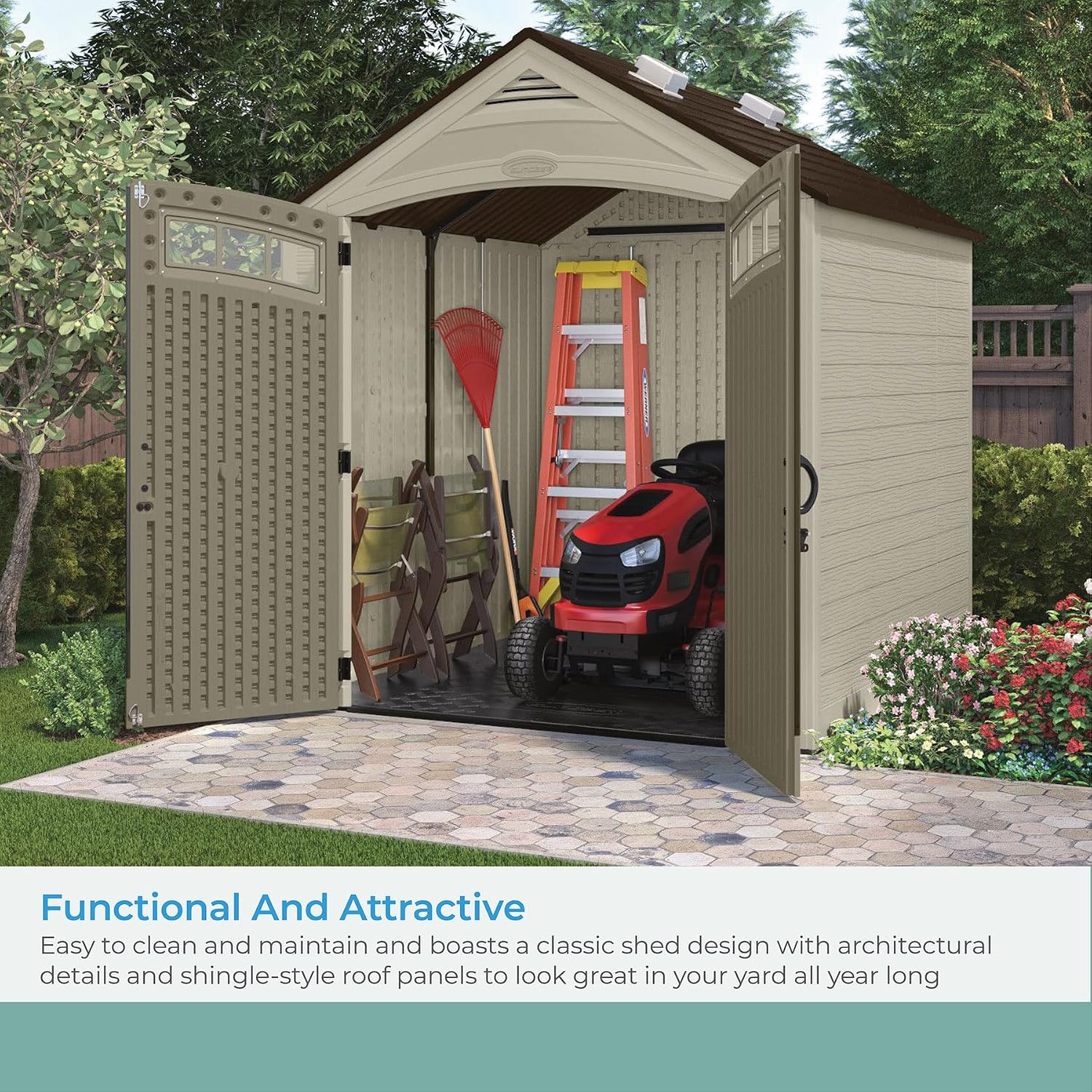 Suncast Vista 7x7 Storage Shed with Multi-Wall Resin Panels, 4 Skylights, IllumiVent System, and Pad-Lockable Doors, 84' D x 84' W x 98' H, Made in The USA