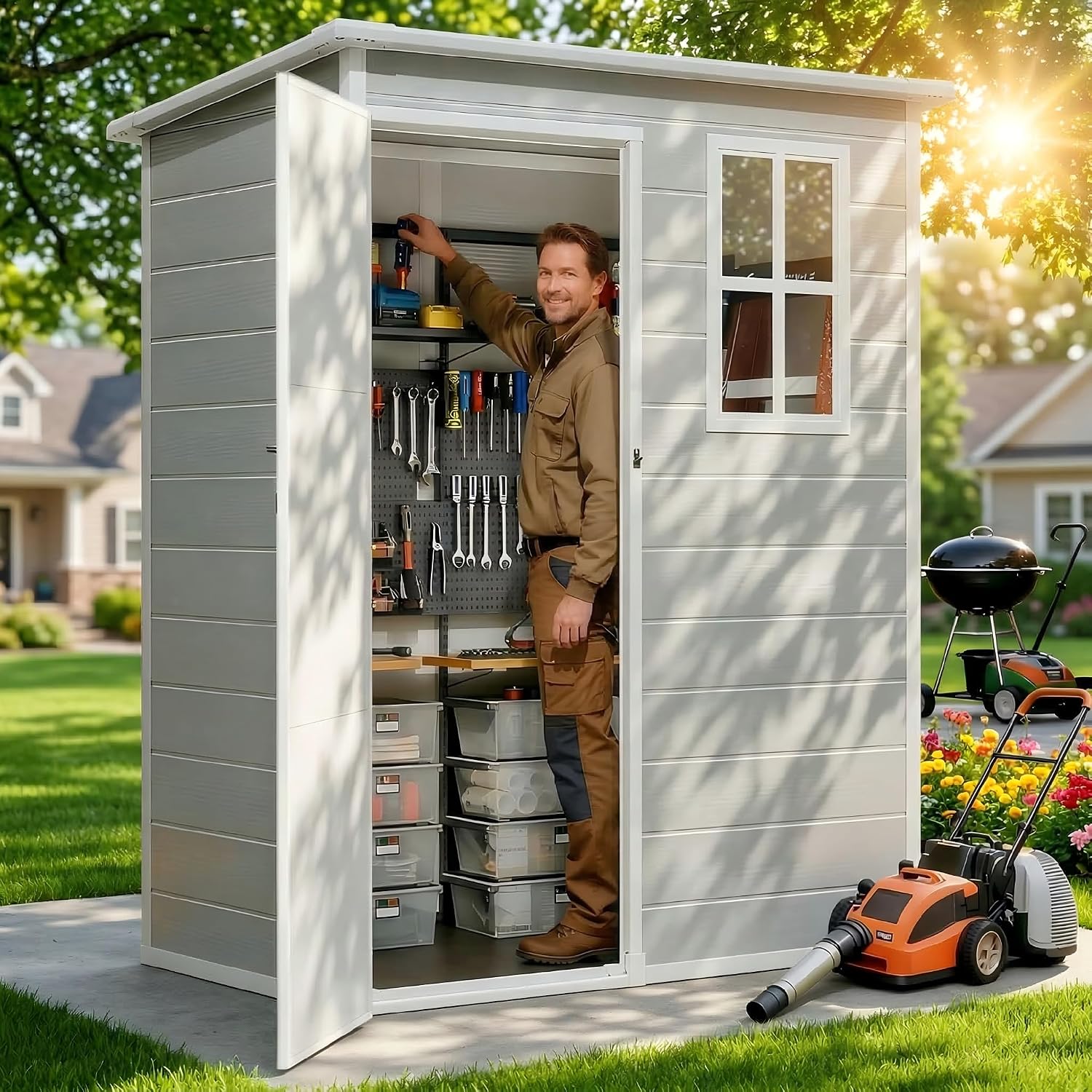 Gizoon 5x3 FT Resin Outdoor Storage Shed, Weather-Resistant Plastic Garden Tool Shed with Floor and Lockable Door for Backyard, Patio, Lawn, Grey