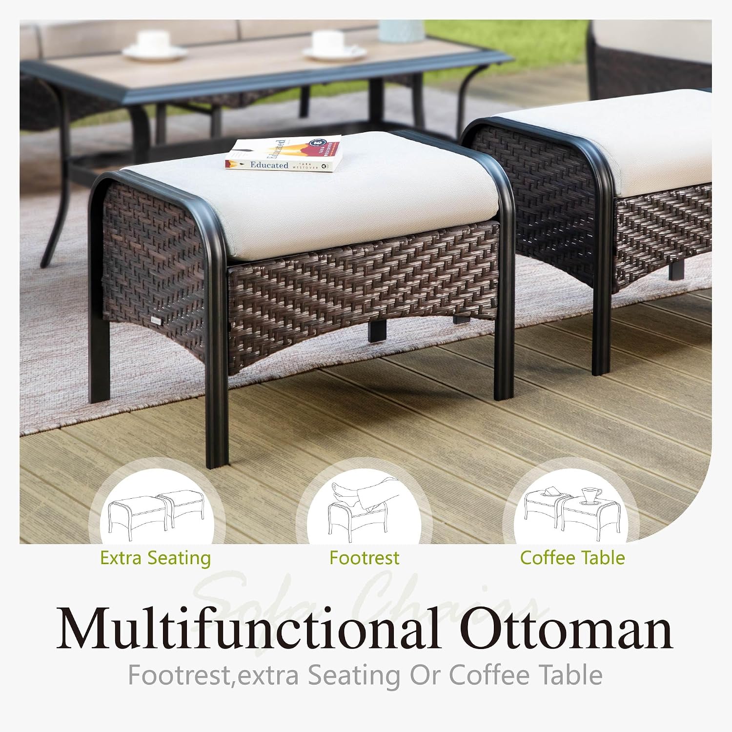 Sophia & William Patio Furniture Set, 4 Piece Metal Outdoor Conversation Set with 2 Sofa Chairs, 2 Ottoman for Outdoor Seating, Backyard, Porch(Beige)
