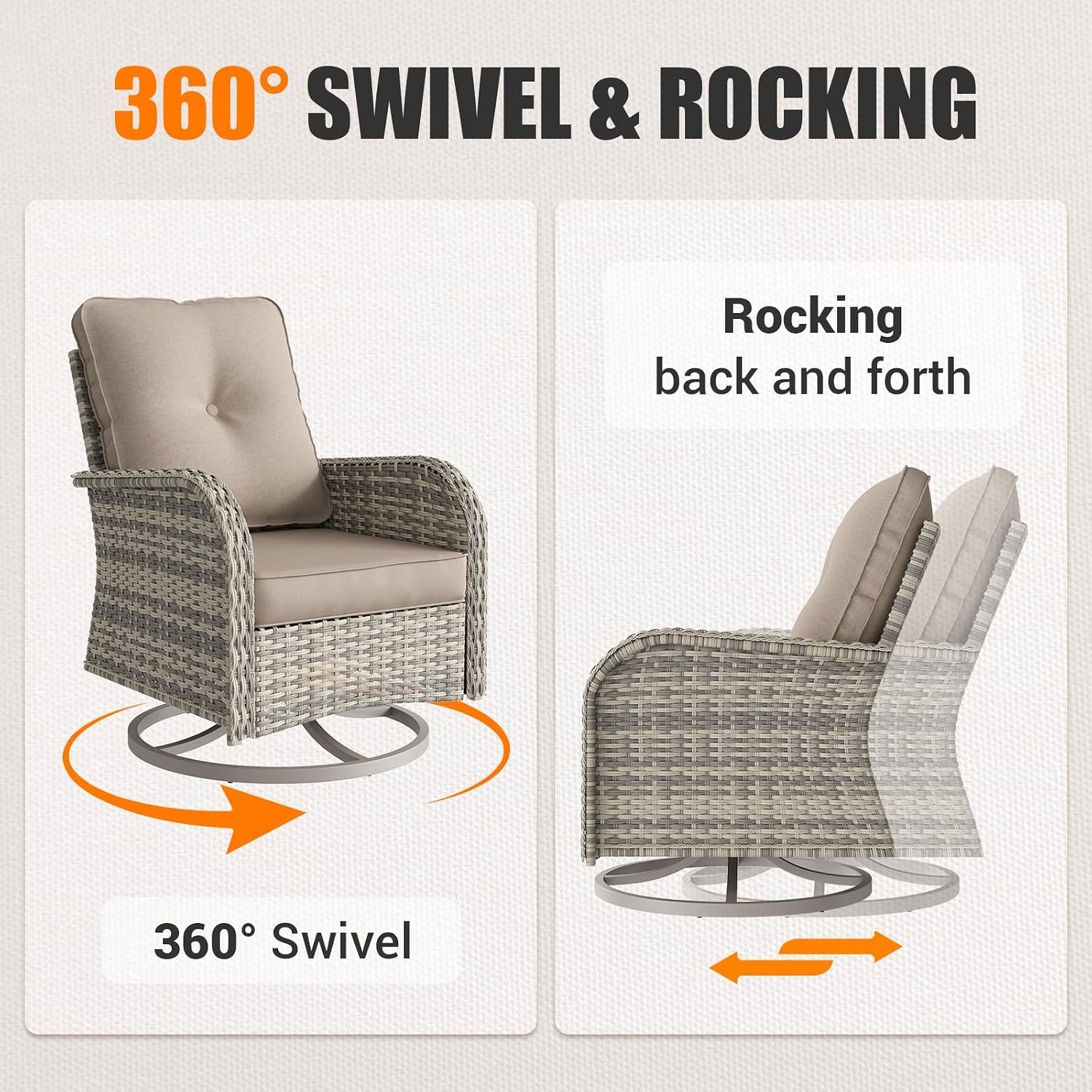10Pcs Patio Rocking Swivel Chair with 55,000 BTU Fire Pit Table Outdoor Wicker Rattan Bistro Set with Tempered Glass Side Table, Outdoor Patio Furniture Set for Garden and Balcony, Beige