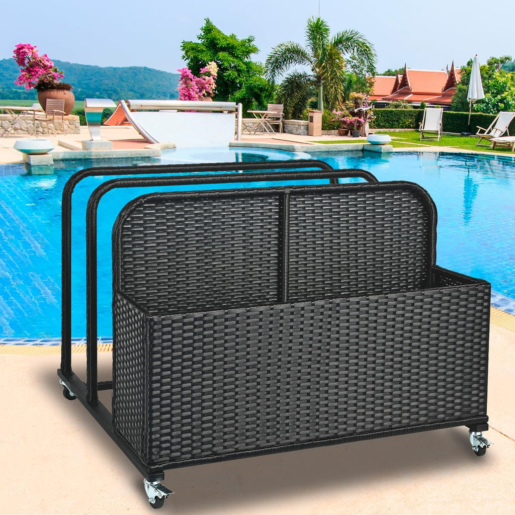 Poolside Float Storage Organizer, Pool Toy Storage Holder with Wicker Basket Outdoor Pool Float Holder Storages Rack Rolling Caddy Cart Raft Holder Storages Rack for Poolside Noodles Equipment Black