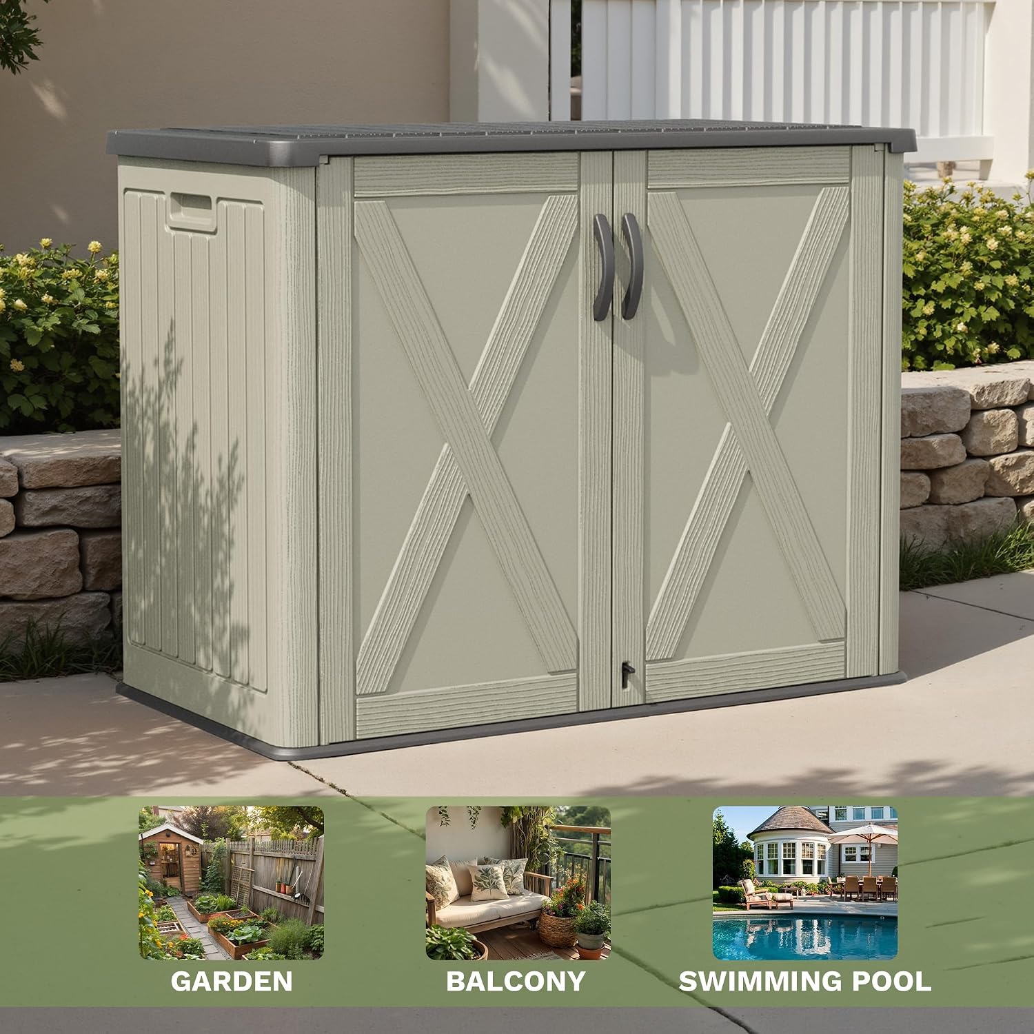 Patiowell 25 Cu.ft Outdoor Storage Cabinet with Lockable Door, Waterproof Horizontal Storage Shed for Tools and Patio Furniture, All-Weather Resin Shed Easy Assemble for Pool or Backyards, Brown