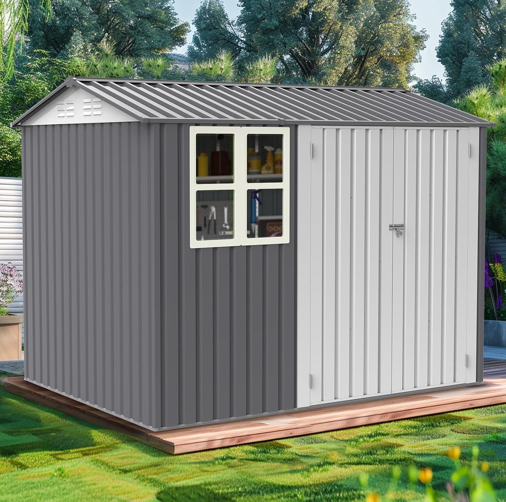 Ball & Cast 6x8 FT Storage Shed, Garden Metal Shed with Window and Sloping Roof,Outdoor Shed with Double Lockable Doors for Backyard Patio Lawn, Grey