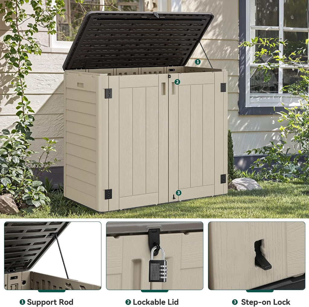 YITAHOME Outdoor Storage Shed w/o Shelf, 30 cu ft Horizontal Storage Shed Outdoor, Resin Waterproof Storage Cabinet for Garage, Poolside, Bikes, and Garden (Khaki + Black)