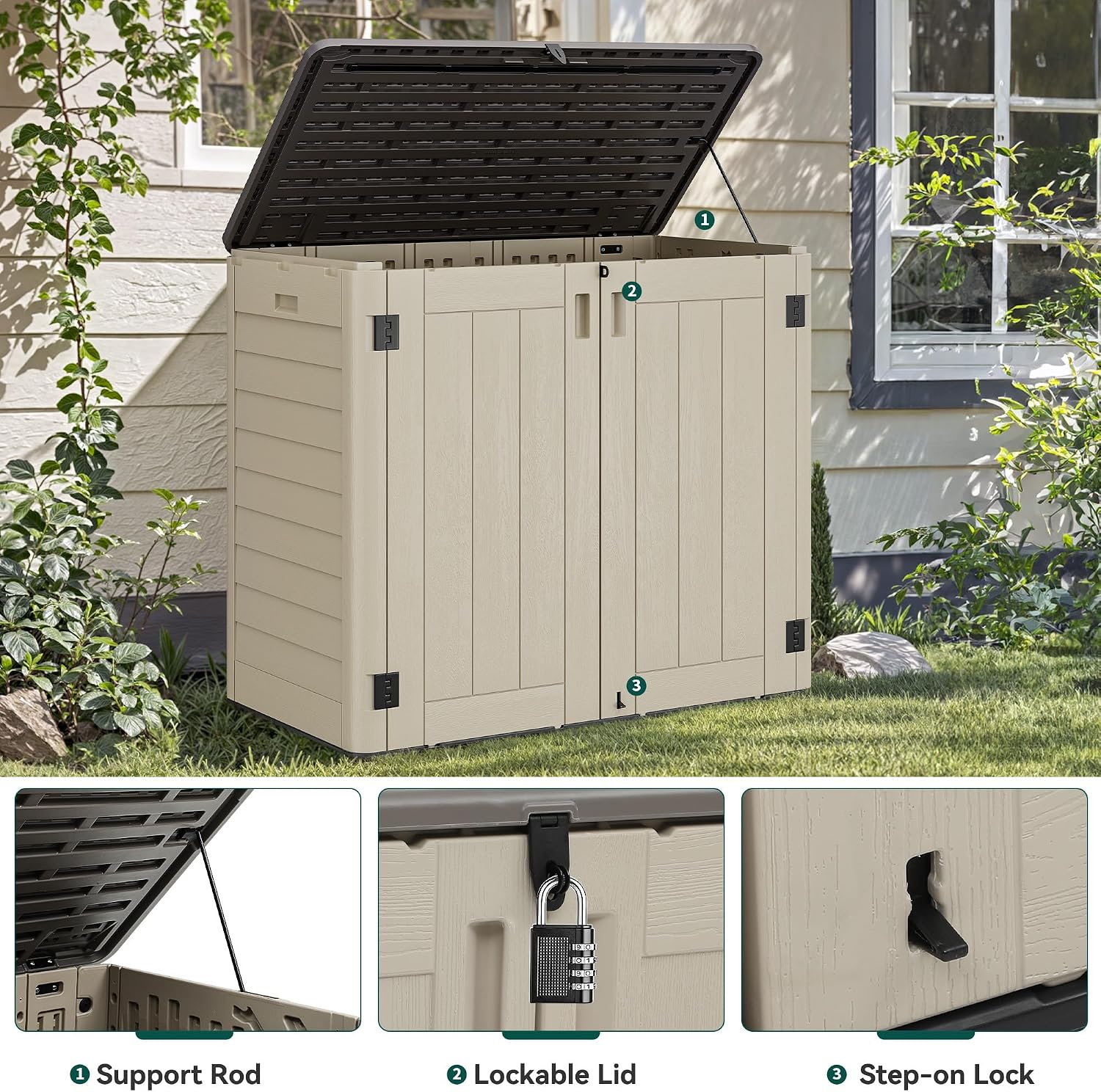 YITAHOME Outdoor Storage Shed w/o Shelf, 30 cu ft Horizontal Storage Shed Outdoor, Resin Waterproof Storage Cabinet for Garage, Poolside, Bikes, and Garden (Khaki + Black)