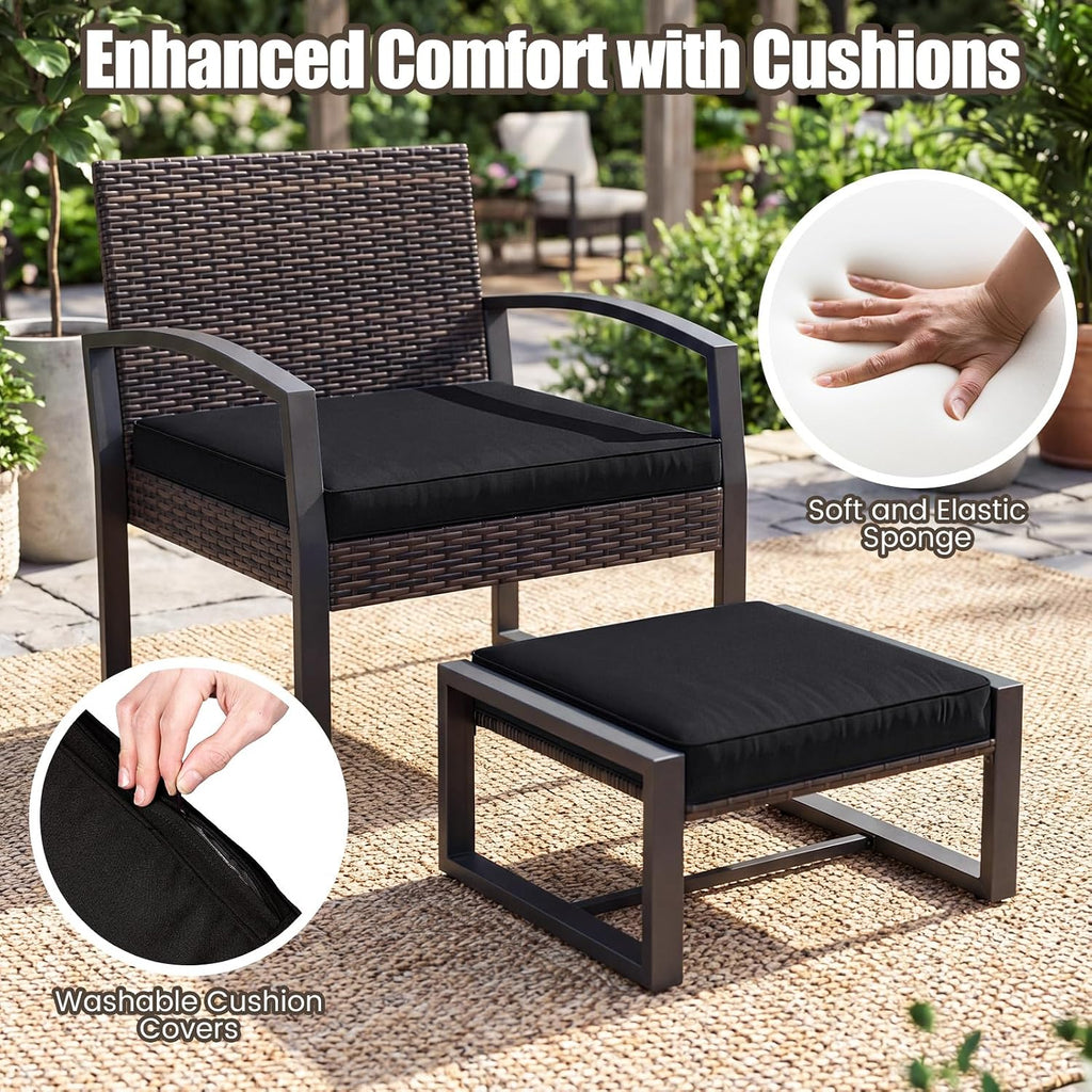 Tangkula 5 Pieces Wicker Patio Conversation Set, Outdoor PE Rattan Chair with Ottoman Set with Glass Side Table, 2-Person Small Balcony Furniture Seating Set with Cushions for Porch, Backyard, Deck