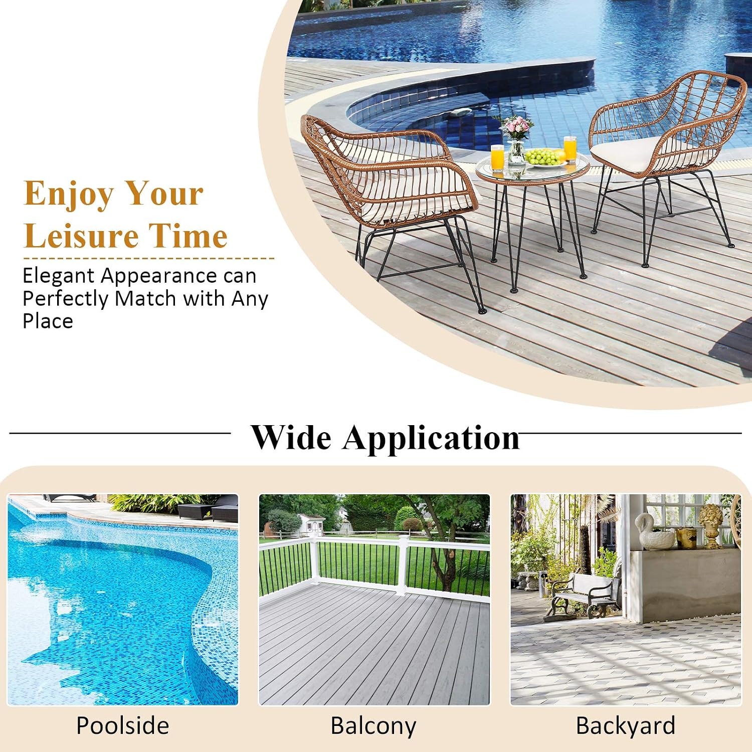COSTWAY 3 Pieces Patio Bistro Set, Outdoor Rattan Conversation Seating Chair Set with Coffee Table & Soft Cushions, Indoor Wicker Furniture Set for Garden, Balcony, Porch, Pool,Beige