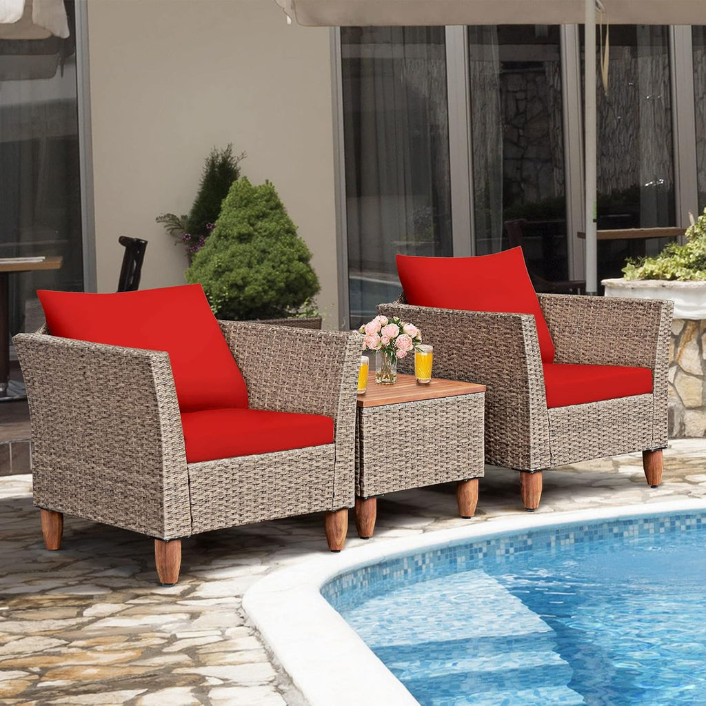 Tangkula 3 Piece Patio Furniture Set, Outdoor Wicker Rattan Bistro Sofa Set w/Washable Cushion, Acacia Wood Top Coffee Table, Conversation Set w/Adjustable Feet for Balcony Backyard Porch (Red)