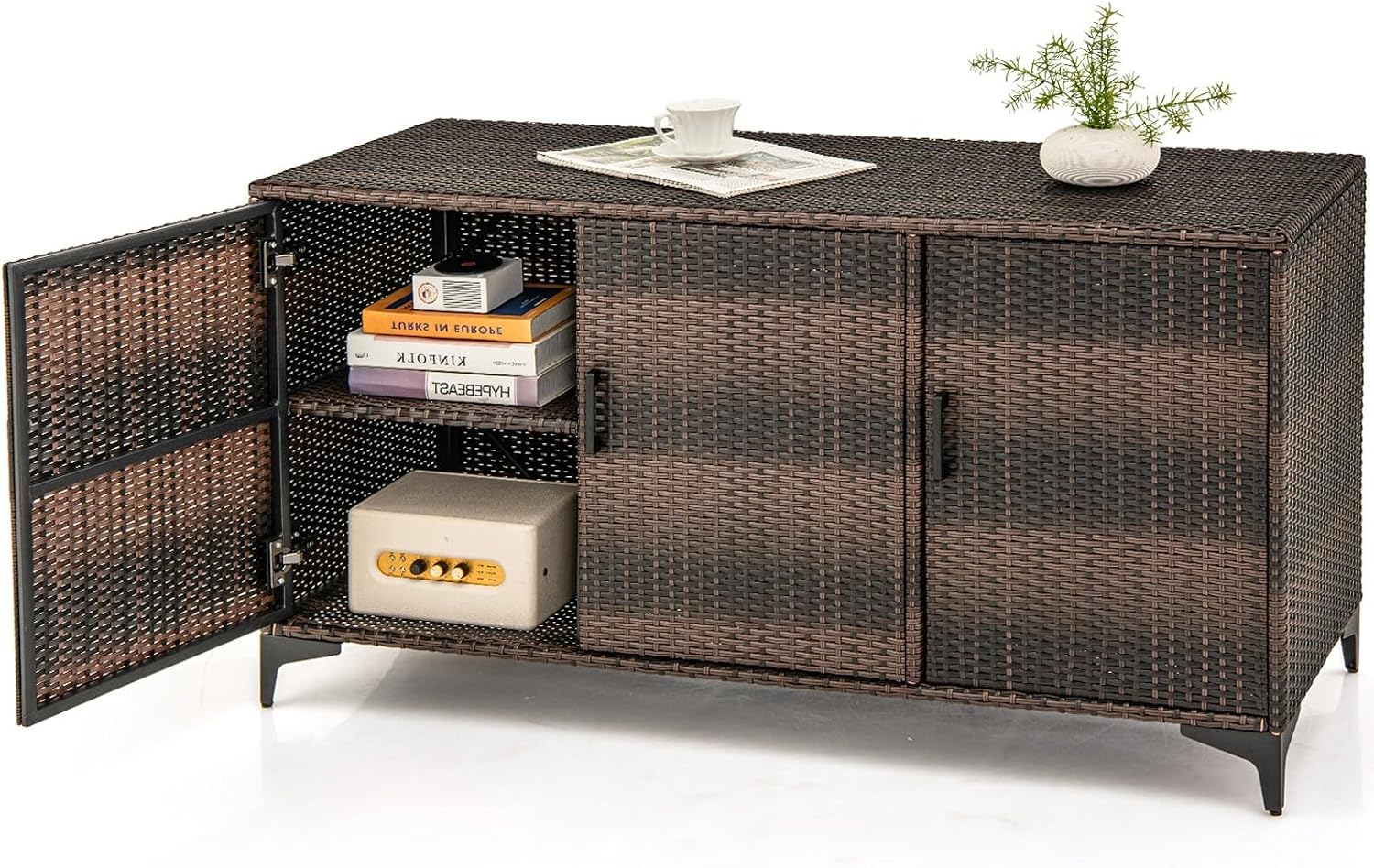 RELAX4LIFE 84-Gallon Outdoor Storage Box - Wicker Rattan 3-Door Patio Storage Cabinet Container w/Removable Shelves for Cushions, Garden Tools, Pool & Sports Equipment, Indoor Outdoor Deck Box (Brown)