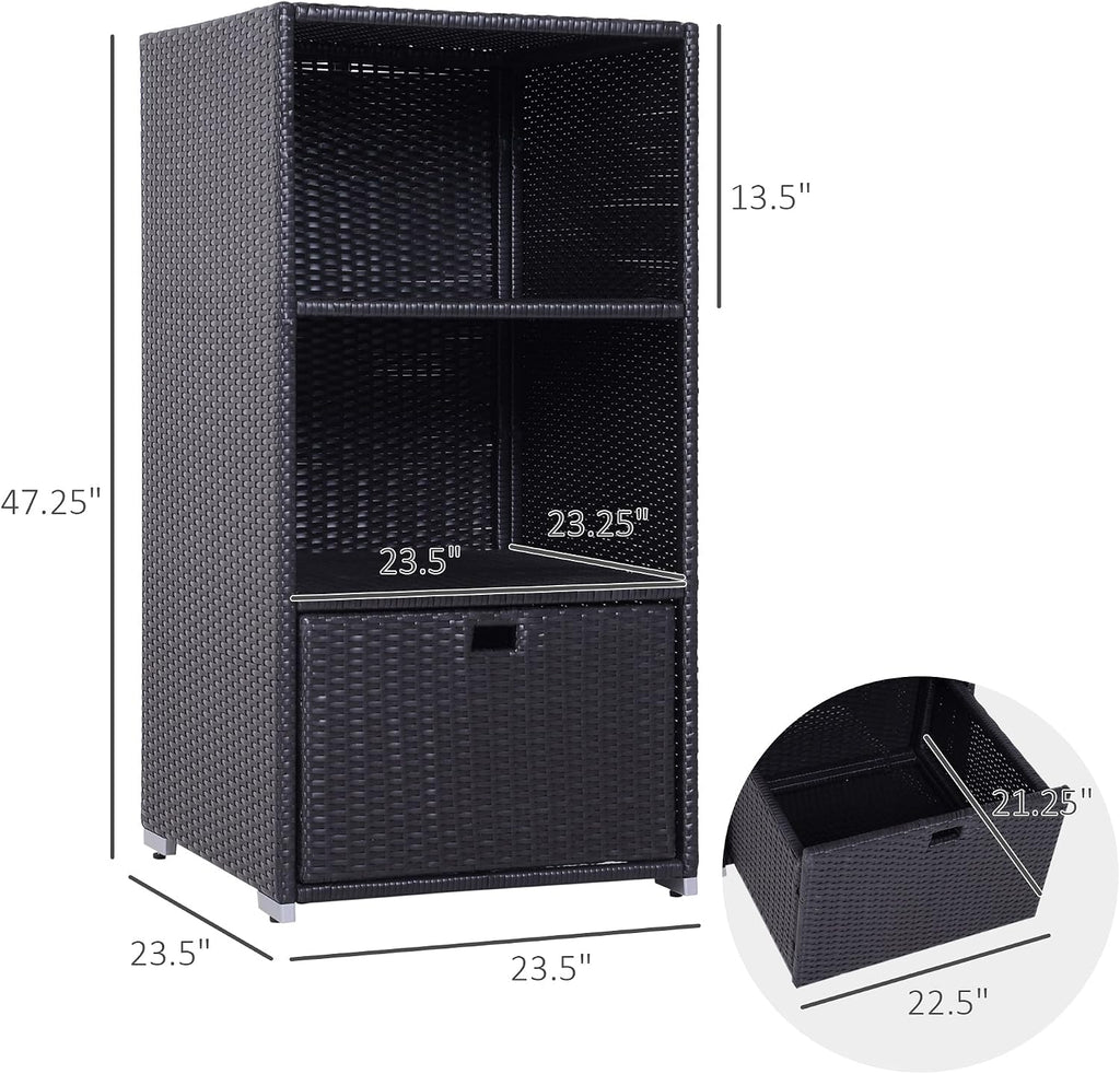 Outsunny Valet Pool Towel Rack, Waterproof PE Plastic Rattan Wicker Storage Organizer, Indoor Outdoor Spa, and Hot Tub Accessory Storage, 2 Shelves, 1 Basket Drawer, Espresso