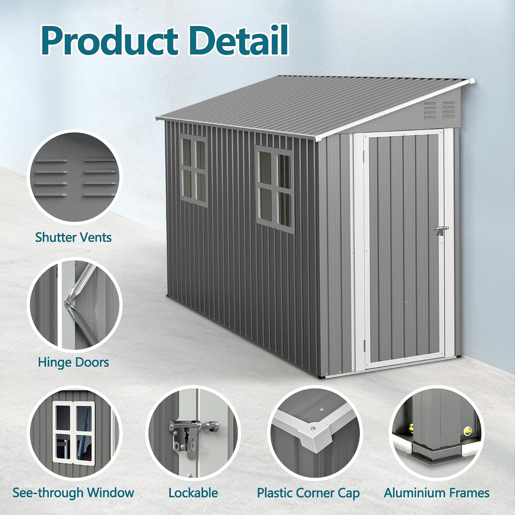 4x10FT Lean to Shed with Floor Frame & Windows, Metal Outdoor Storage Shed, Large Tool Shed for Garden Backyard Patio Storage,Outside Lean to Waterproof Shed, Gray