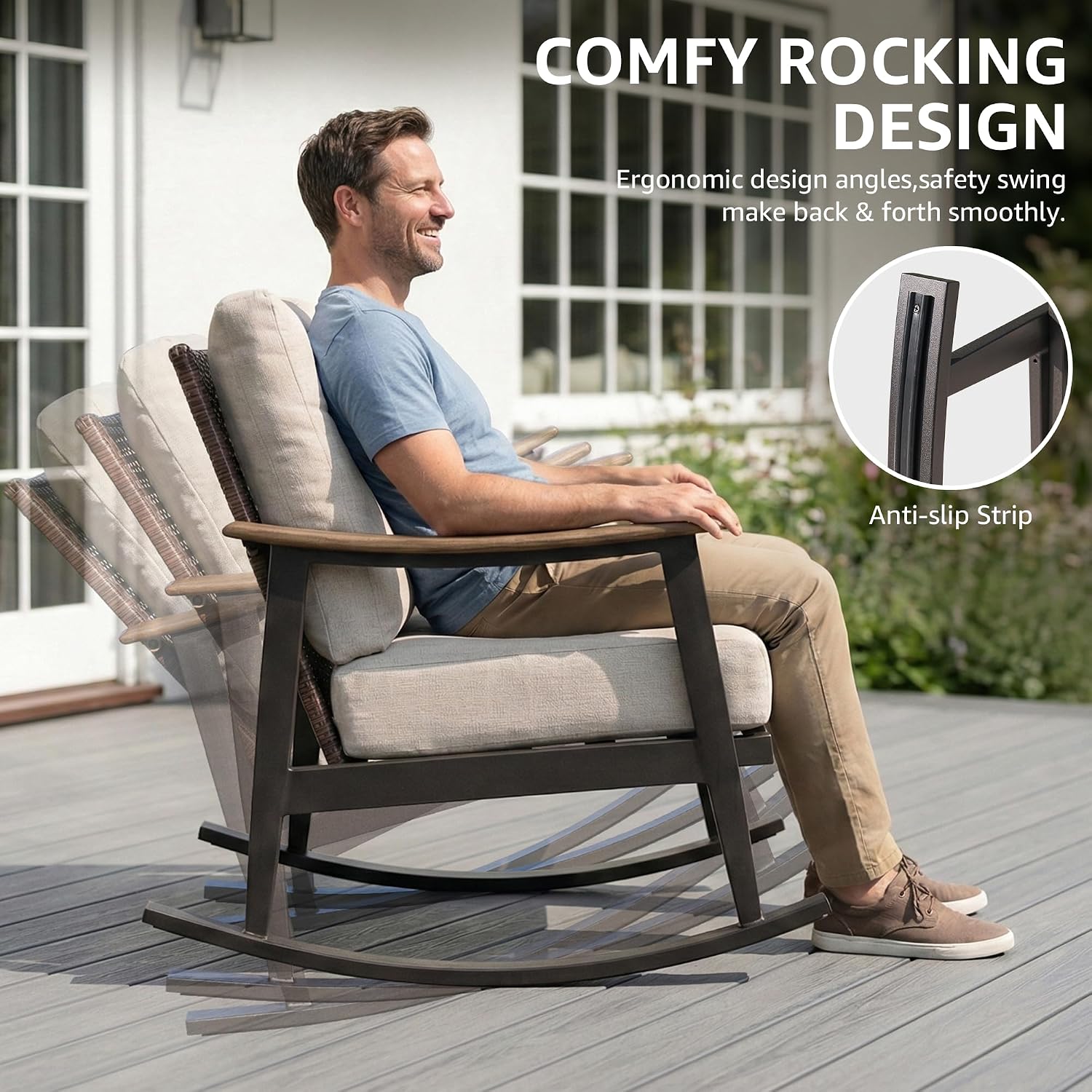 NATURAL EXPRESSIONS Rocking Bistro Set,3 Piece Wicker Patio Furniture Set with 2 Outdoor Rocker Chairs,Rattan Back,Aluminum Wood-like Armrest,Sturdy Metal Frame,6' Soft Cushions for Porch,Balcony,Yard