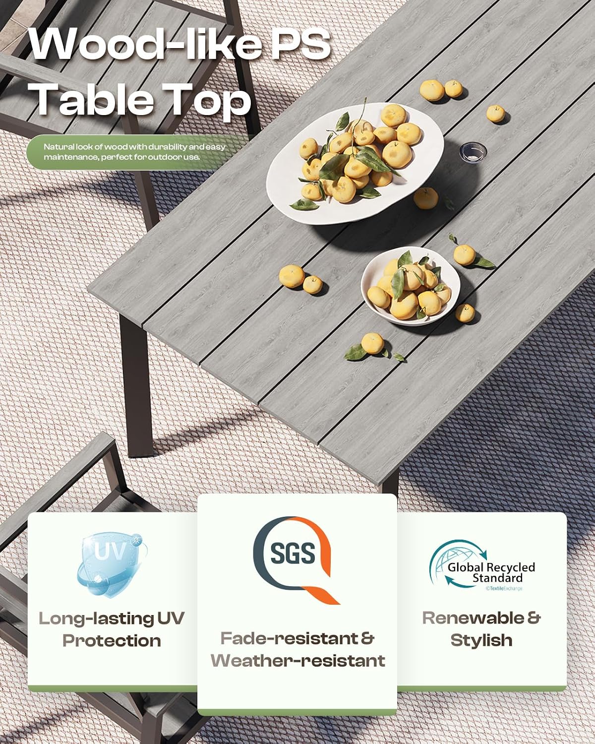 67'*32.3'*29.5' Patio Dining Table, Seamless Rectangle Aluminum + HDPS Outdoor Patio Dining Table with Umbrella Hole, Weather-Resistant for Lawn, Garden, Yard and Indoor Use (Gray)