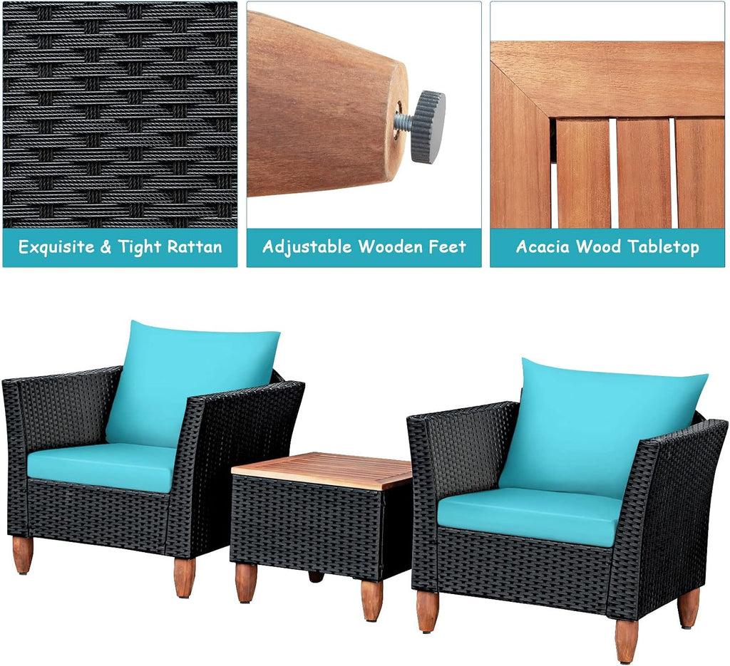 COSTWAY 3 Pieces Patio Rattan Furniture Set, Outdoor Wicker Conversation Chairs Set with Acacia Wood Coffee Table & Washable Cushion, Porch Furniture Bistro Set for Balcony, Garden Backyard, Turquoise
