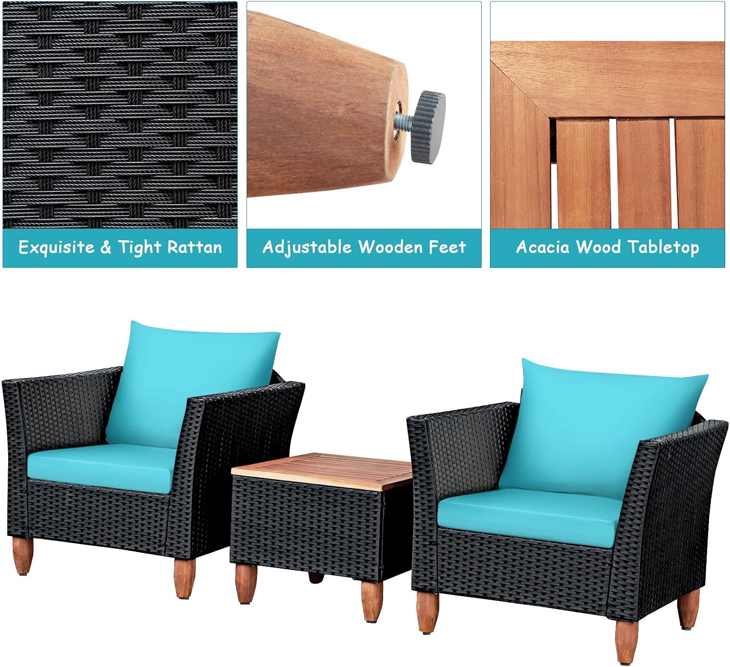 COSTWAY 3 Pieces Patio Rattan Furniture Set, Outdoor Wicker Conversation Chairs Set with Acacia Wood Coffee Table & Washable Cushion, Porch Furniture Bistro Set for Balcony, Garden Backyard, Turquoise