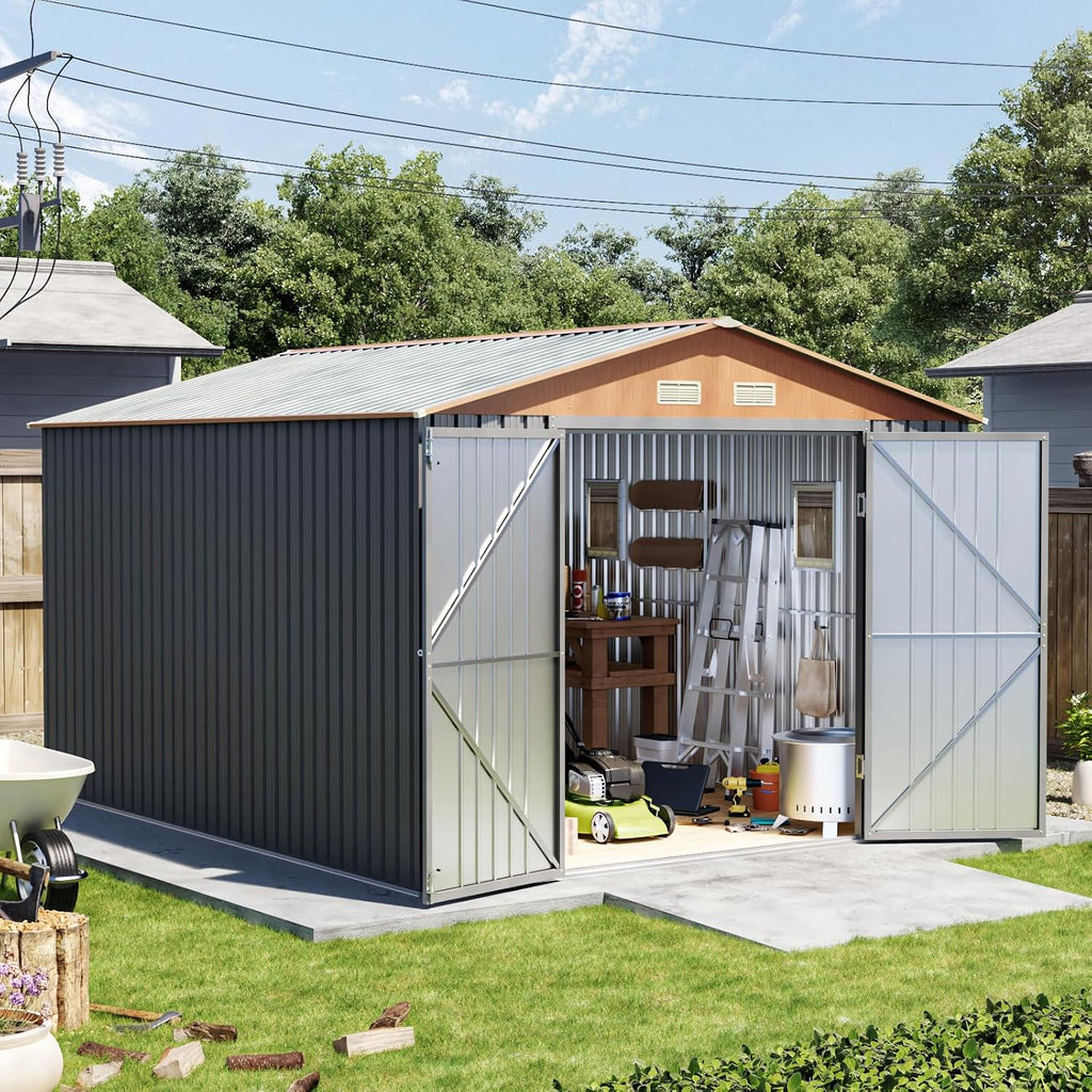 Verdeluxe 10x12x7.4FT Multi-Used Shed & Outdoor Storage Shed with Base, Lockable Doors, Windows and Vents, Extra Large Metal Shed for Garden,Backyard, Patio,Utility, Various Storage Shed(Matte Gray)