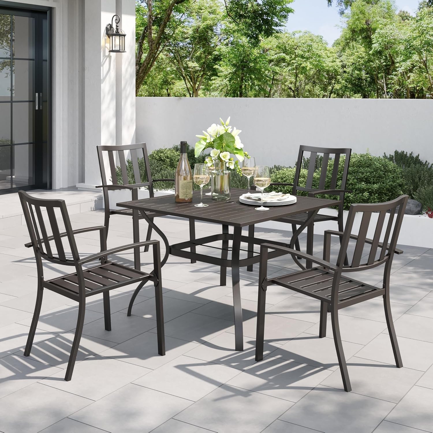 PHI VILLA 5 Piece Outdoor Table and Chairs, Patio Dining Set for 4,37' Black Square Metal Table and Stackable Wrought Iron Chairs with Umbrella Hole for Patio, Deck, Porch, Backyard