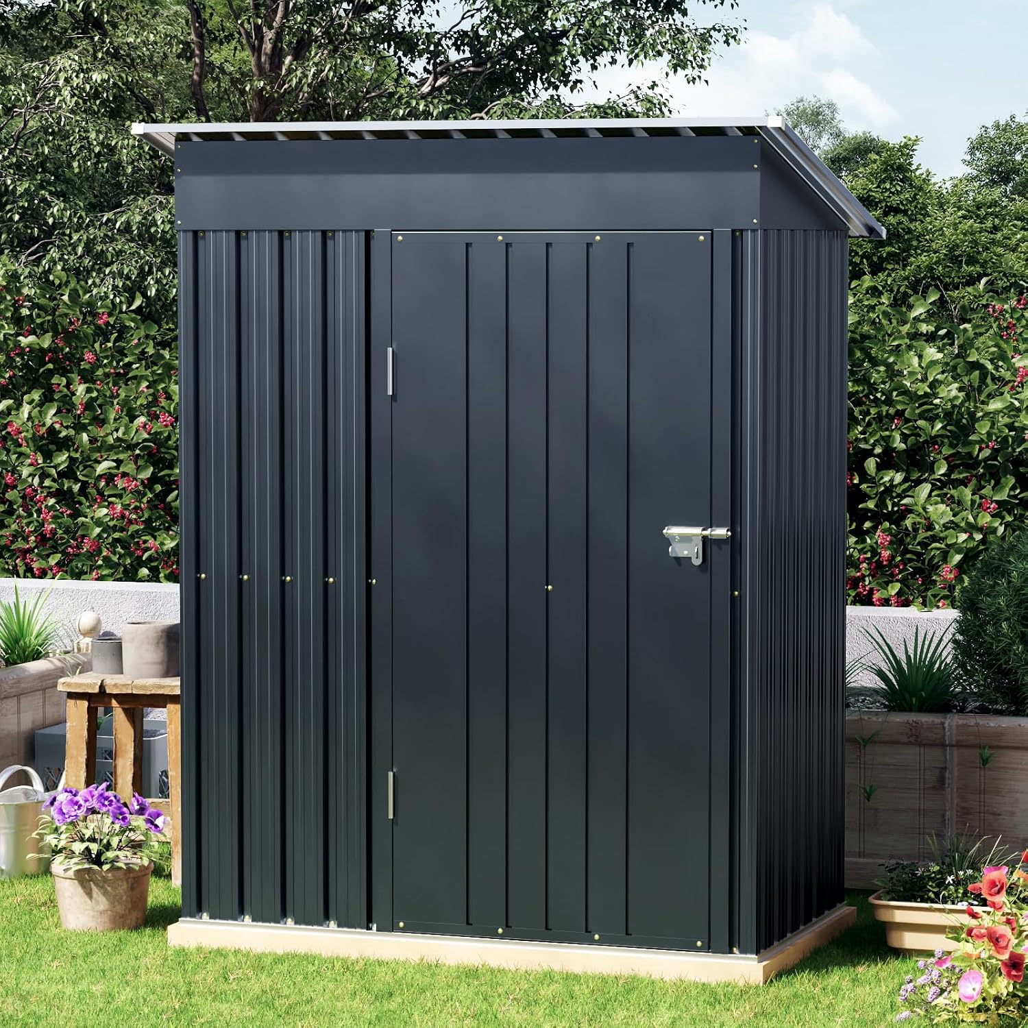 3x5 FT Outdoor Metal Storage Shed with Floor Frame, Single Door, 1 Clear Window, Tool Shed for Garden, Patio, Backyard