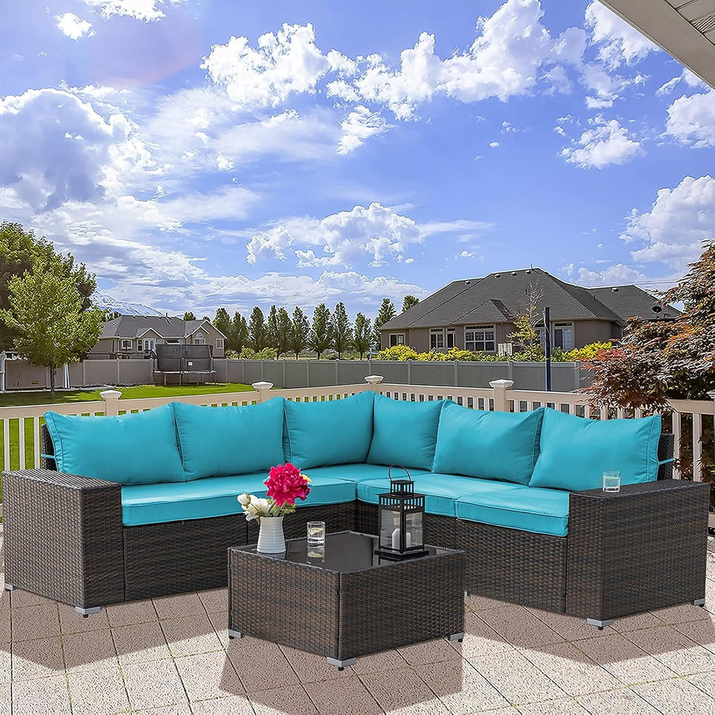 Kullavik Outdoor Patio Furniture Set 6 Pieces Sectional Rattan Sofa Set Brown PE Rattan Wicker Patio Conversation Set with 5 Seat Cushions and 1 Tempered Glass Table, Turquoise Blue