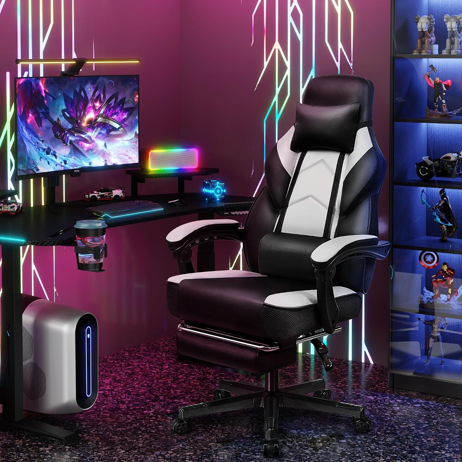 Big and Tall Gaming Chair for Adults, Heavy Duty Computer Chair with Footrest, Video Game Chair, Massage Lumbar Support, Wide Seat High Back Reclining Desk Chair, White
