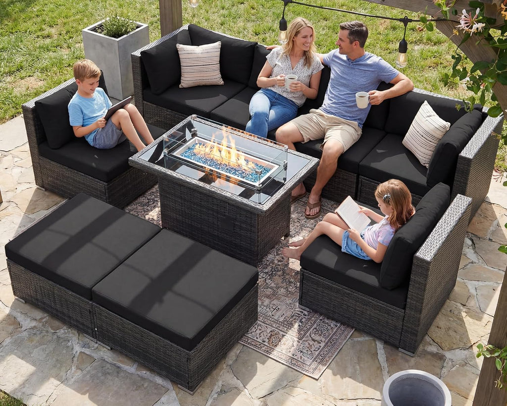 RADIATA 9 Piece Wicker Patio Furniture Set with Fire Pit, All-Weather Outdoor Sectional Couch High Back Large Size, Modular Backyard Seating Sofa Set with Propane/Natural Gas Firepit Table, Grey&Black