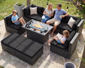 RADIATA 9 Piece Wicker Patio Furniture Set with Fire Pit, All-Weather Outdoor Sectional Couch High Back Large Size, Modular Backyard Seating Sofa Set with Propane/Natural Gas Firepit Table, Grey&Black