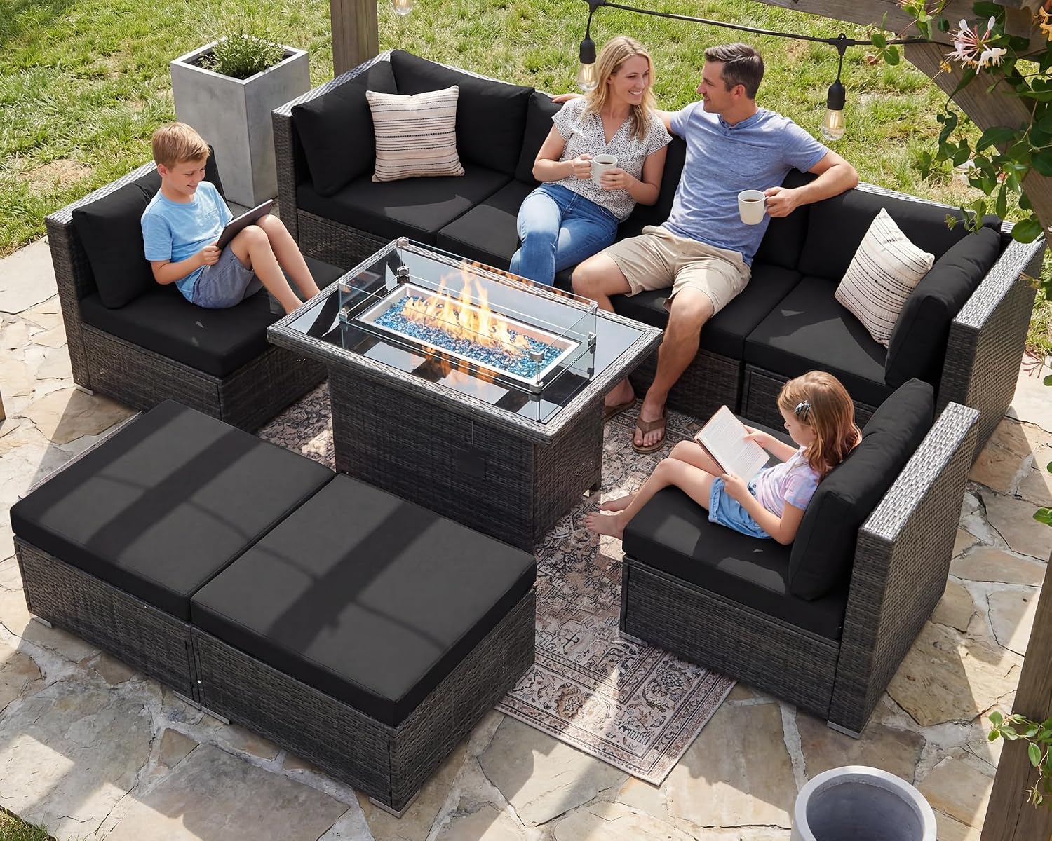 RADIATA 9 Piece Wicker Patio Furniture Set with Fire Pit, All-Weather Outdoor Sectional Couch High Back Large Size, Modular Backyard Seating Sofa Set with Propane/Natural Gas Firepit Table, Grey&Black