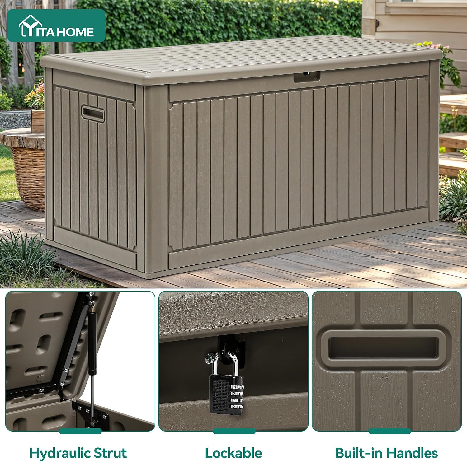 YITAHOME 320 Gallon Large Deck Box with Divider & Side Handles, Outdoor Double-Wall Storage for Patio Furniture Cushions, Garden Pool Accessories, Waterproof & Lockable