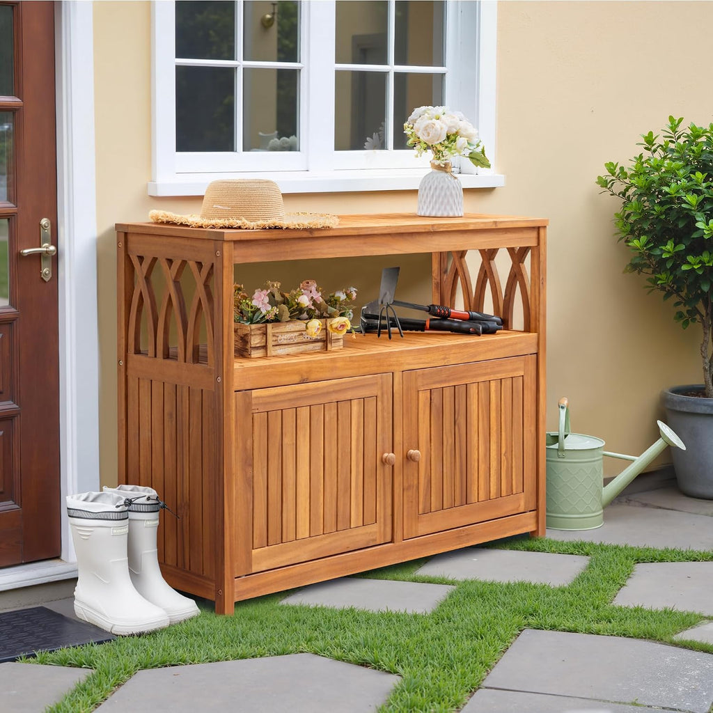 Devoko Outdoor Storage Cabinet, Weatherproof Cabinet Acacia Wood with 2 Magnetic Doors and Shelve, Outdoor Buffet, TV Stand, Potting Table (Brown)
