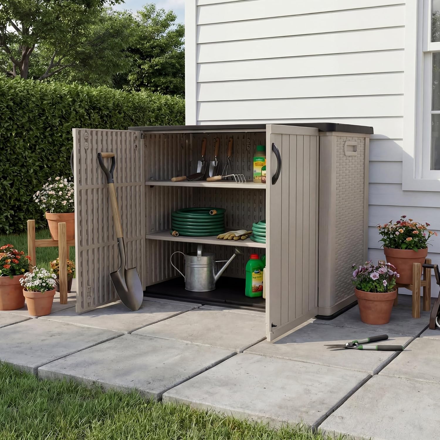 Patiowell 26 cu.ft Plastic Outdoor Storage Shed, Lockable Waterproof Resin Outdoor Storage Cabinet Tool Shed for Garden Tools, Garbage Cans, Pool Supplies, Beige(Not Include Shelves)