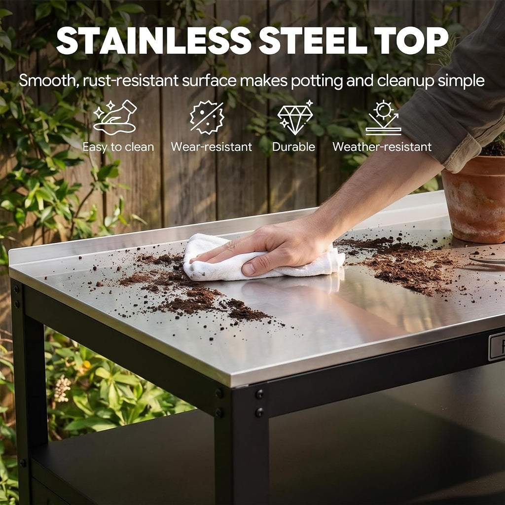 Feasto Outdoor Potting Bench with Storage, Stainless Steel Tabletop Garden Work Bench with Storage Cabinet & Removable Inner Shelf for Patio Lawn Outdoor Gardening