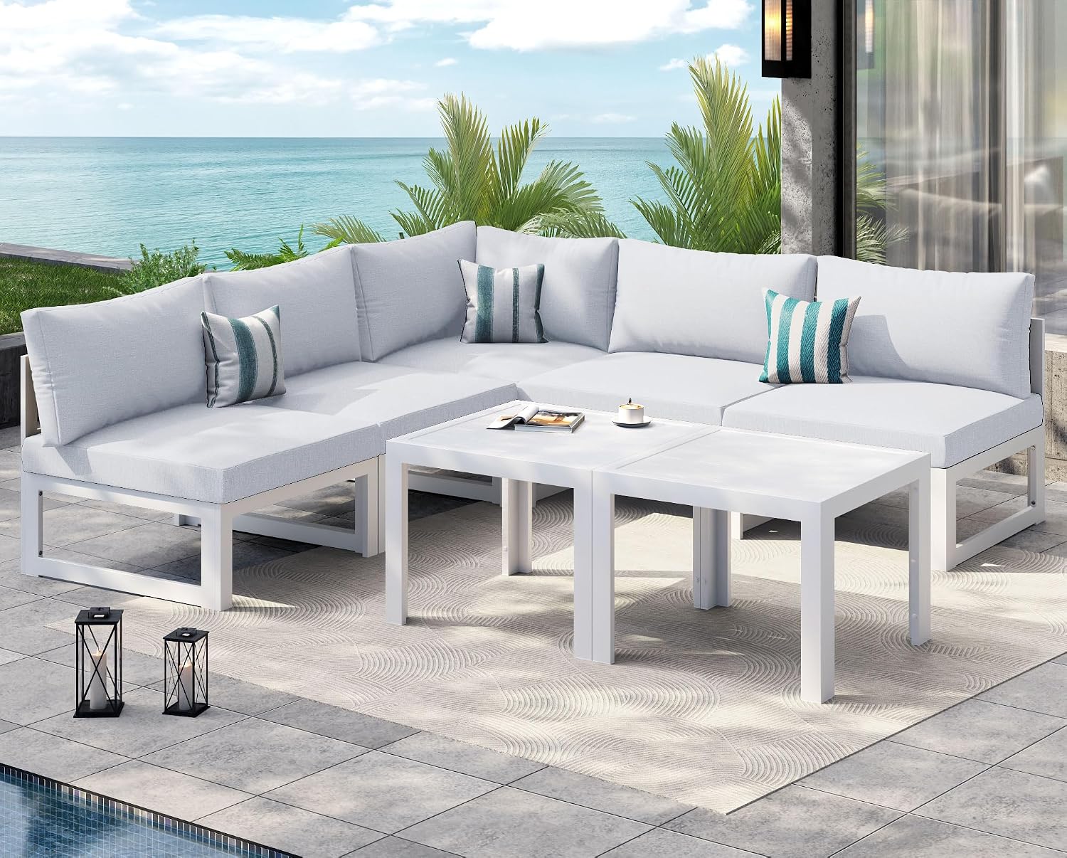 NICESOUL 7 Piece Oversized Modular Aluminum Outdoor Furniture Set, 29' Deep Wide Sectional Seating, 500 lbs High Weight Capacity Water Resistant Patio Conversation Set for Garden Terrace, Light Gray