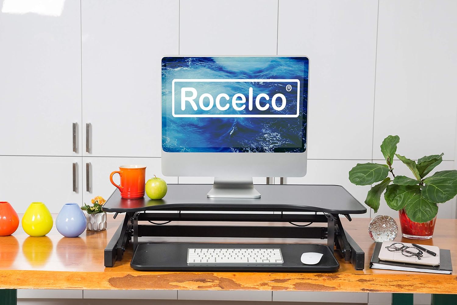 Rocelco 32' Height Adjustable Standing Desk Converter - Slide Out Retractable Keyboard Tray - Sit Stand Up Double Monitor Riser - Dual Piston Lift Assist Tabletop Computer Workstation - Black (R ADRB)