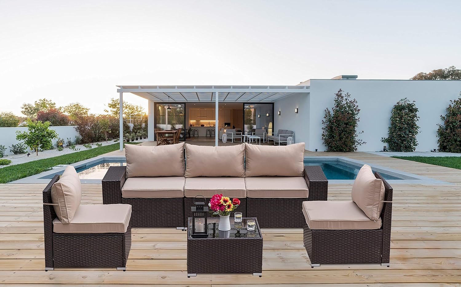 Kullavik Outdoor Patio Furniture Set 6 Pieces Sectional Rattan Sofa Set Brown PE Rattan Wicker Patio Conversation Set with 5 Seat Cushions and 1 Tempered Glass Table,Sand