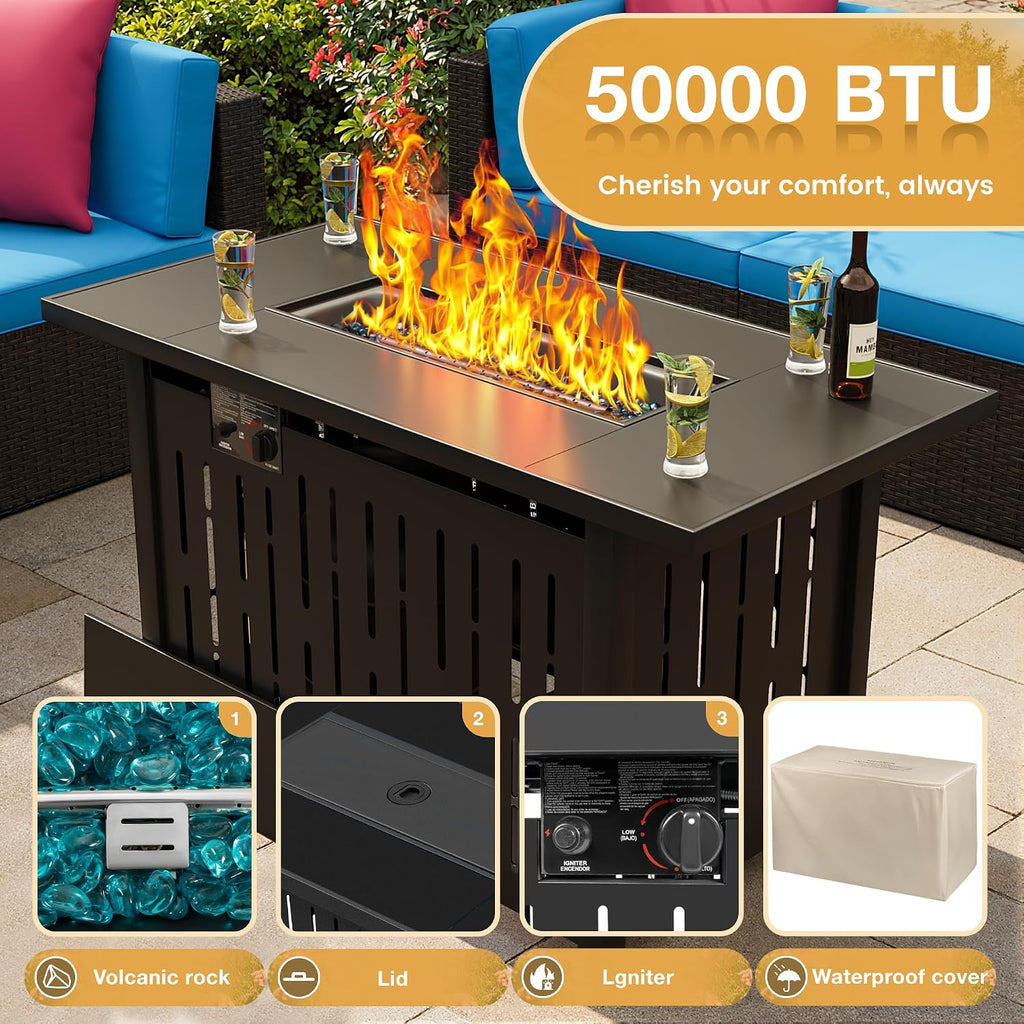 Flamaker 8 Pieces Patio Furniture Set with Fire Pit Table Outdoor Sectional Patio Sofa Furniture Set with Gas Fire Pit and Coffee Table & Ottoman Cushion Pillows, Blue