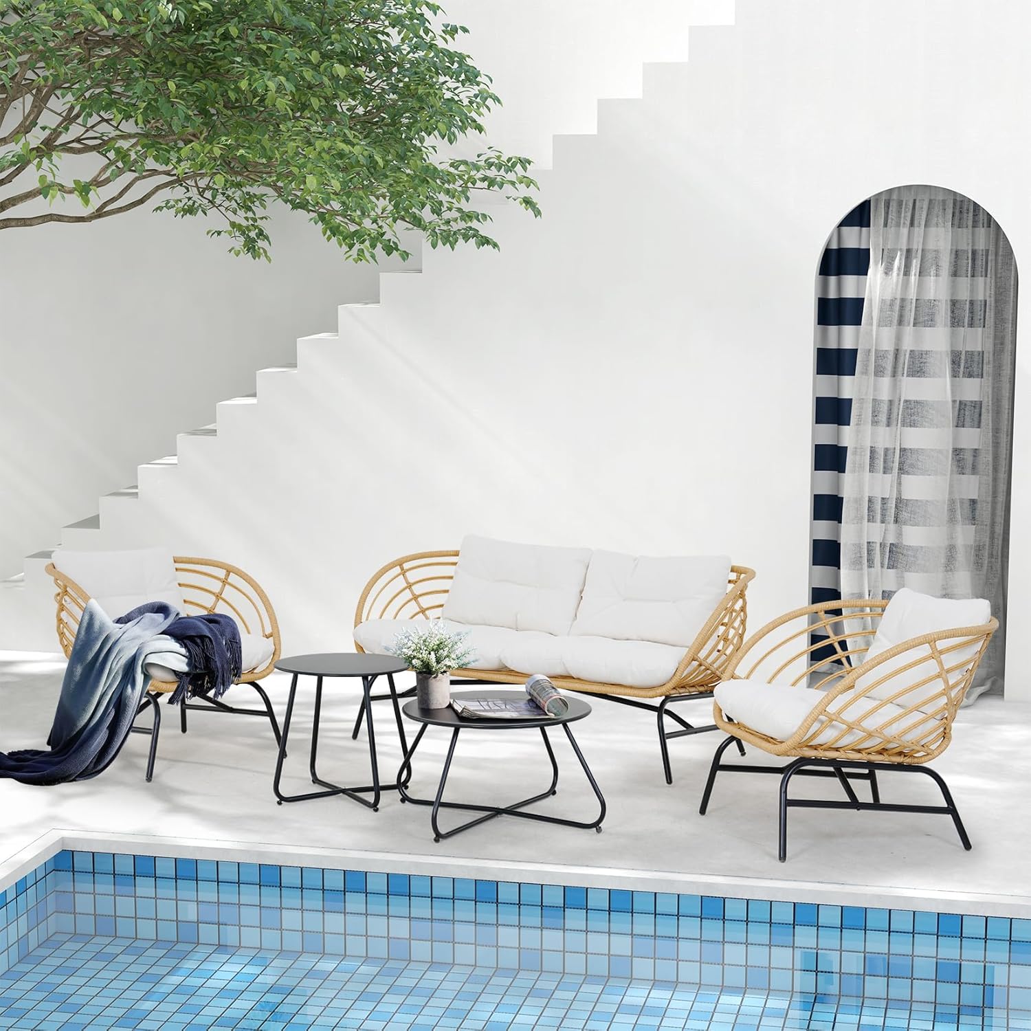 Grand patio Patio Furniture Set, Outdoor Wicker Patio Conversation Seating Chair with Cushions and Coffee Table, Boho Seating Chat Set for Indoor Outdoor, Balcony, Porch, Garden, Deck