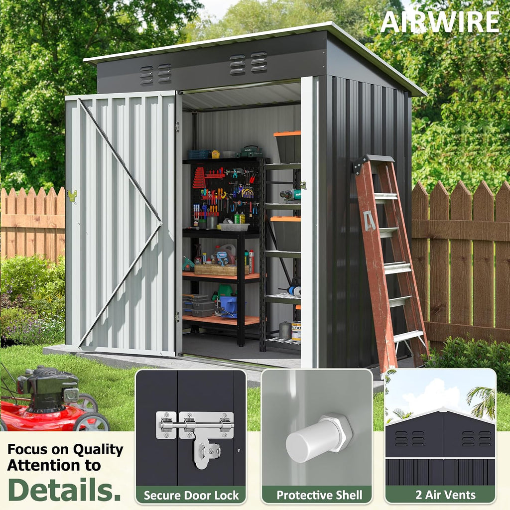 AirWire 5x3 FT Outdoor Storage Shed, Garden Shed with Updated Frame Structure and Lockable Doors, Metal Tool Sheds for Backyard Garden Patio Lawn, Grey