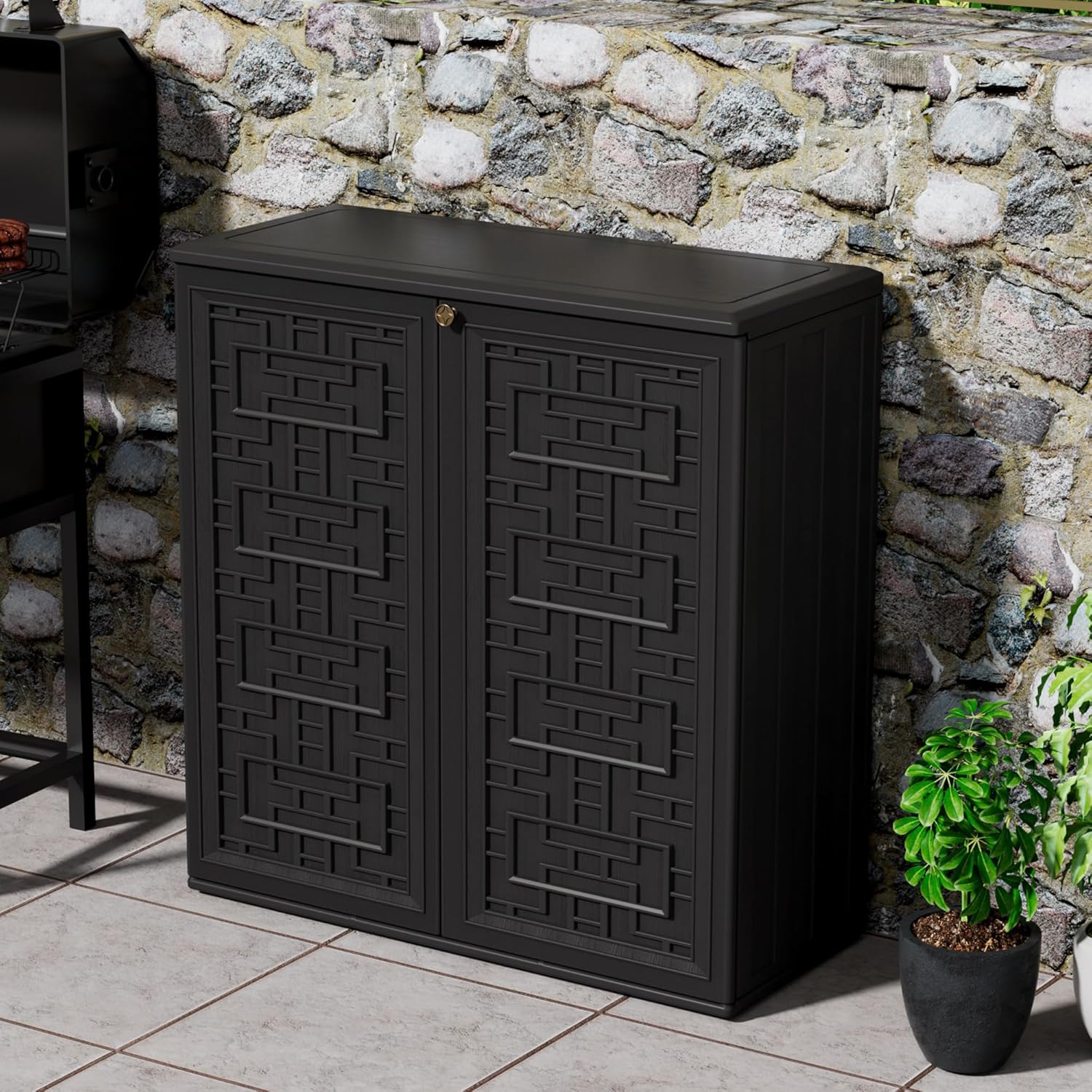 Mrosaa Outdoor Storage Cabinet Waterproof with Shelf,Resin Storage Sheds Outdoor Cabinets for tub Towels/Chemicals/Grill Items/Patio/Garden/Backyard, Size 34.3''L*15''W*36.2''H（Black）