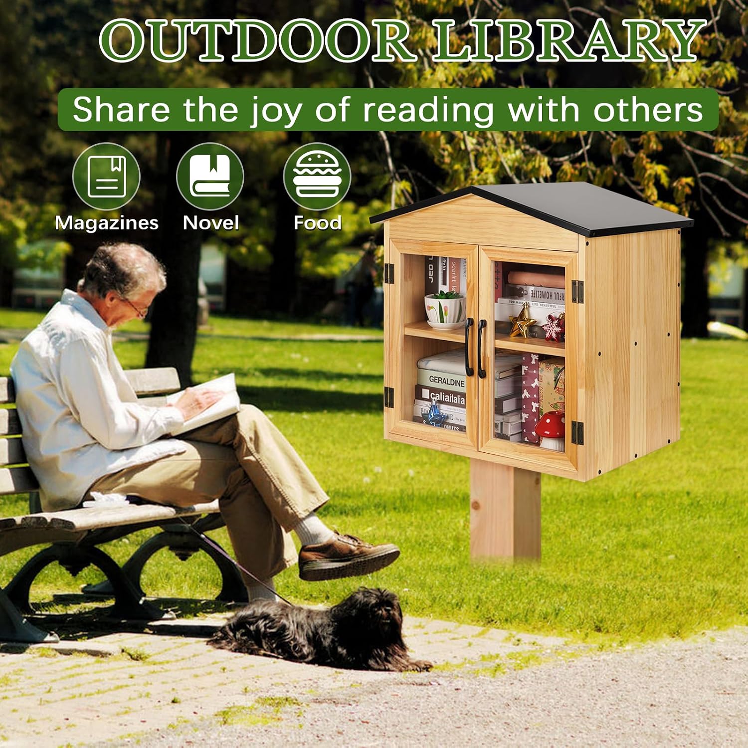 Outdoor Library Outdoor Book Box Storage Small Wooden Cabinet Little Literature Box for Neighborhoods Community and Schools Sharing Books, Flyers, Newspapers, Food and Art (D)