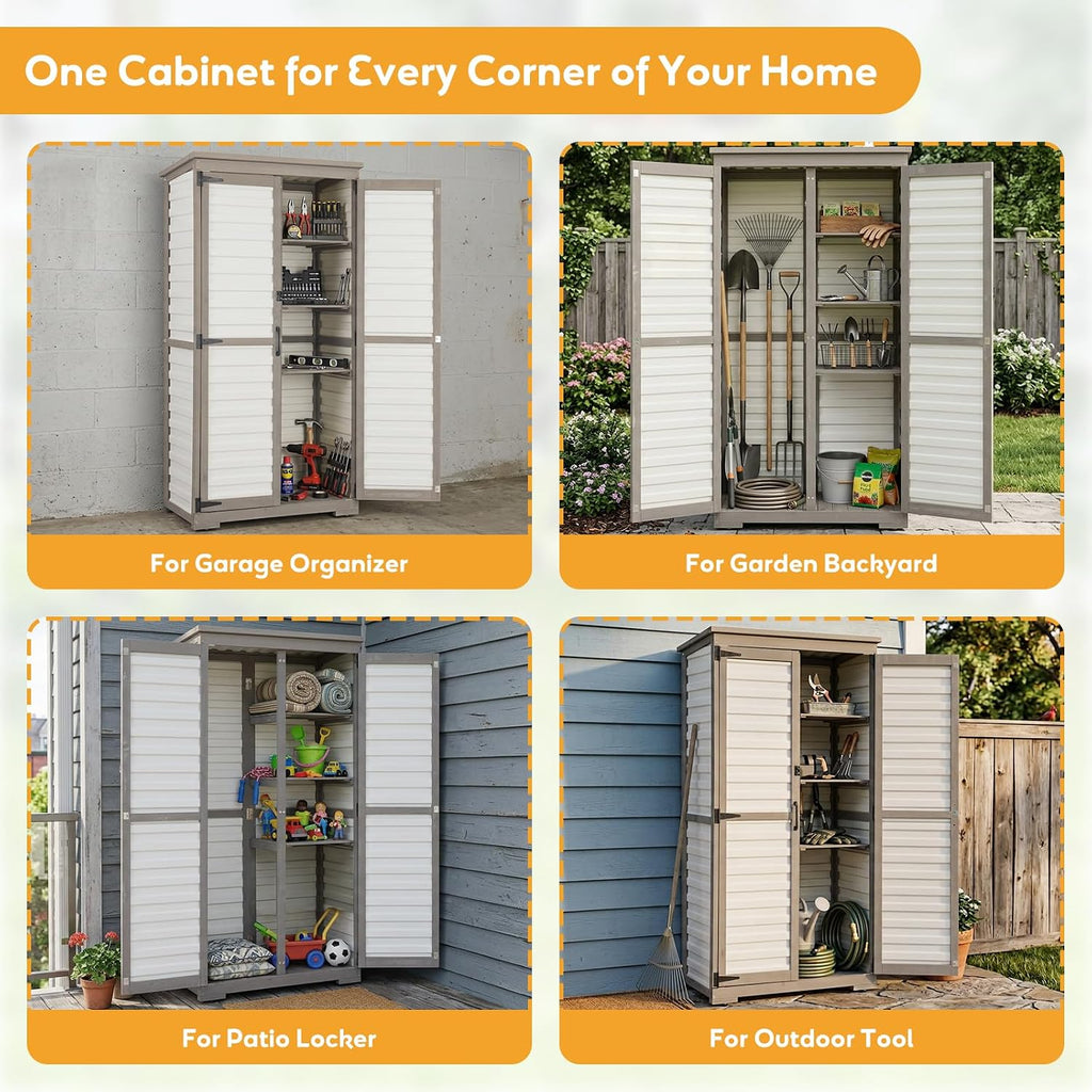 Outdoor Storage Cabinet with Shelves, Lockable Garden Shed, Wood & Plastic Weatherproof Outside Tool Cabinet for Patio, Backyard, Balcony White