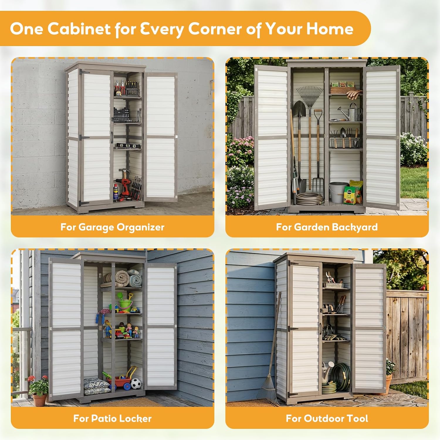 Outdoor Storage Cabinet with Shelves, Lockable Garden Shed, Wood & Plastic Weatherproof Outside Tool Cabinet for Patio, Backyard, Balcony White