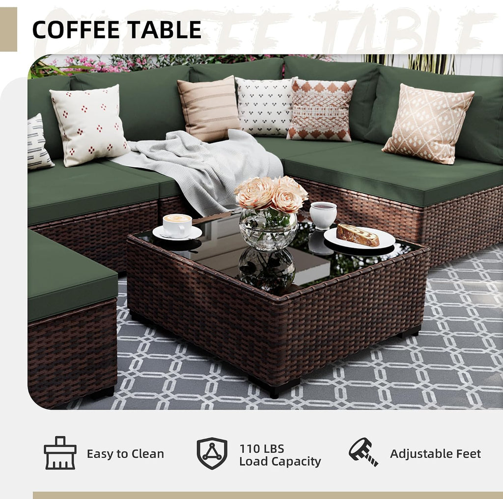 UPHA 7 Pieces Patio Furniture Sets, Wicker Outdoor Sectional Sofa Couch with Coffee Table, Patio Conversation Set for Deck Backyard Garden, Brown Rattan, Pine Green Cushion
