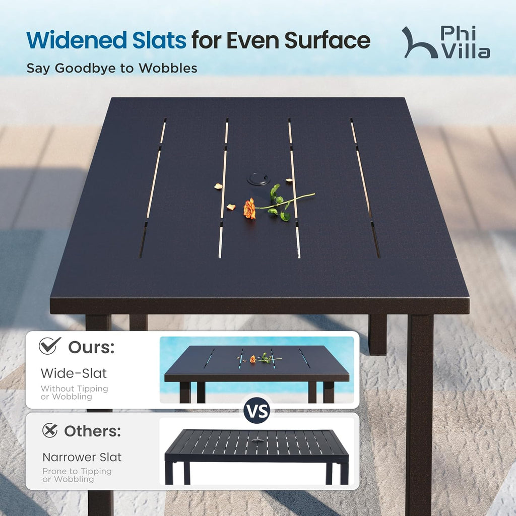 PHI VILLA 5 Piece Metal Outdoor Table and Chairs, 34.2' Metal Square Table with Umbrella Hole & Stackable Wrought Iron Chairs, All Weather Large Furniture Set for Patio, Deck, Backyard, Porch - Black