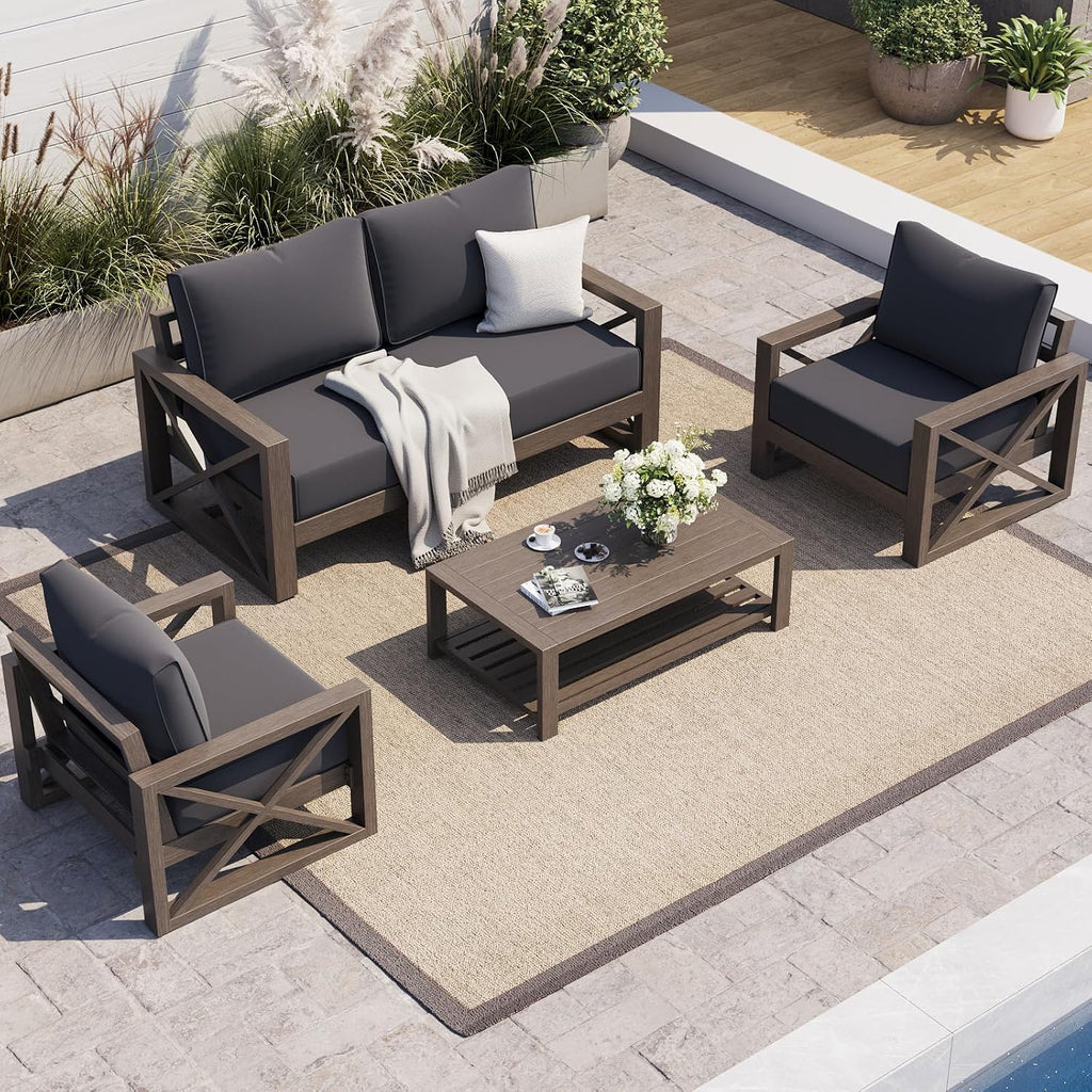 UDPATIO Aluminum Patio Furniture Set, Faux Wood Grain Modern Outdoor Furniture, 6' Cushions Metal Patio Conversation Sofa with Coffee Table for Poolside Deck, 5 PCS, Dark Grey(Include 600D Covers)
