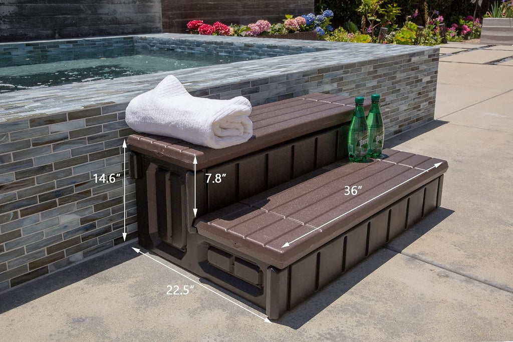 XtremepowerUS Universal 2 Slip-Resistant Spa & Hot Tub Step Outdoor Indoor Stool Pool Ladder Compartment Spa Step 36' Inches Long with Storage, Brown/Black